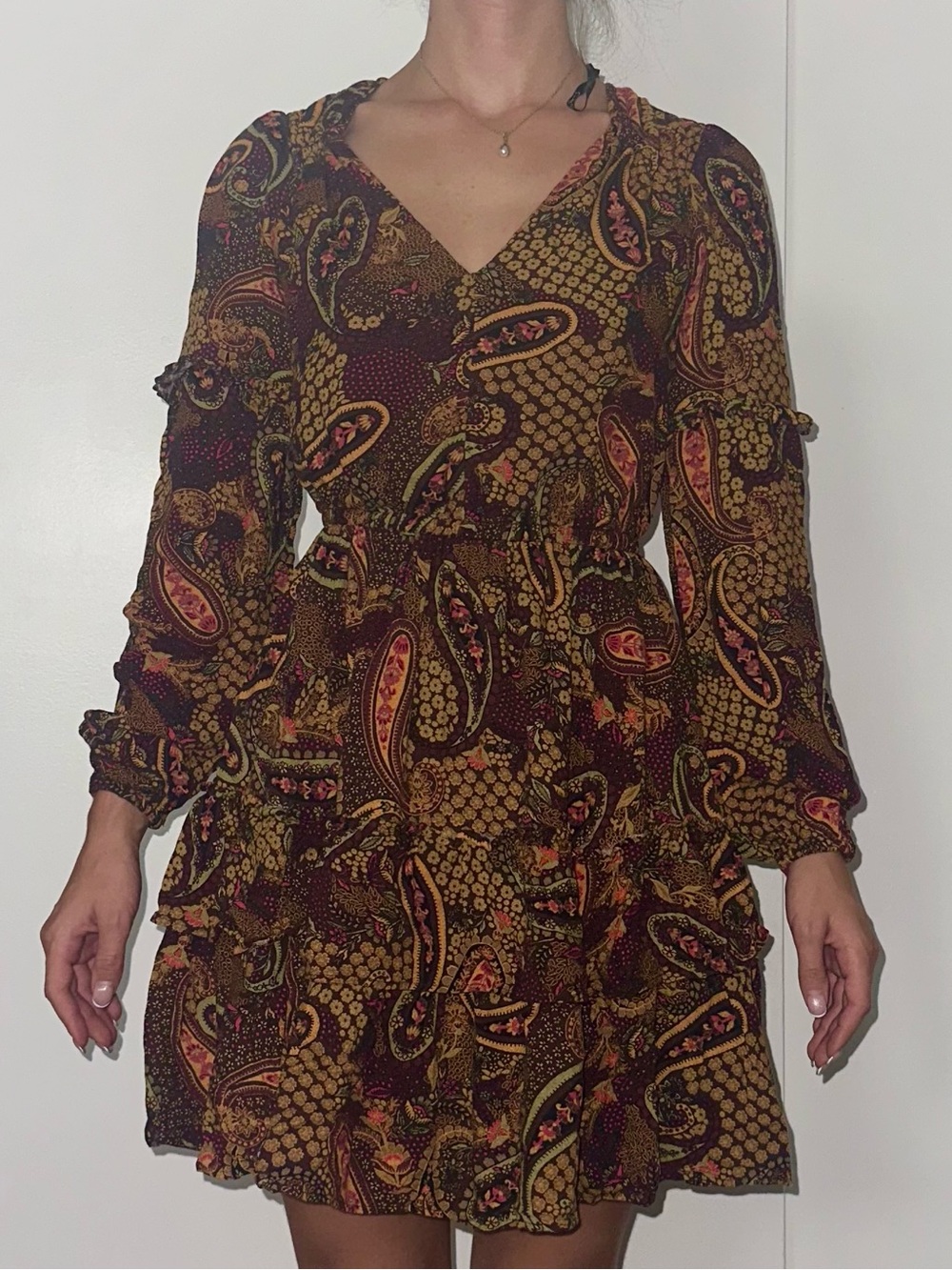 Jessica Simpson Paisley V-Neck Long Sleeve Mini Dress - Brown & Mustard